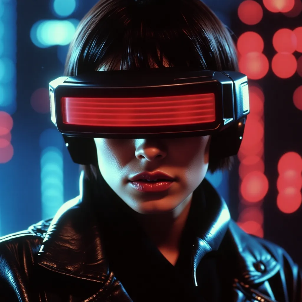 a futuristic robot with a metallic, angular design, set against a background of vibrant, colorful light effects that appear to be emanating from a tunnel or corridor