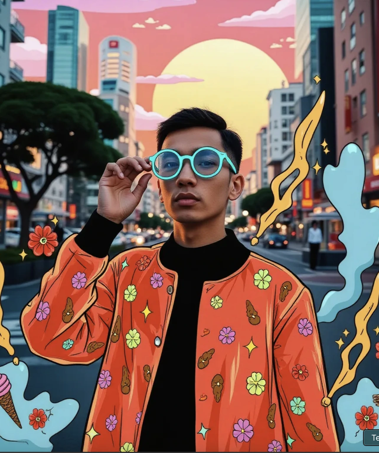 In the style of TOK, a photo editorial avant-garde dramatic action pose of a person wearing 90s round wacky sunglasses pulling glasses down looking forward, in Tokyo with large marble structures and bonsai trees at sunset with a vibrant illustrated jacket surrounded by illustrations of flowers, smoke, flames, ice cream, sparkles, rock and roll