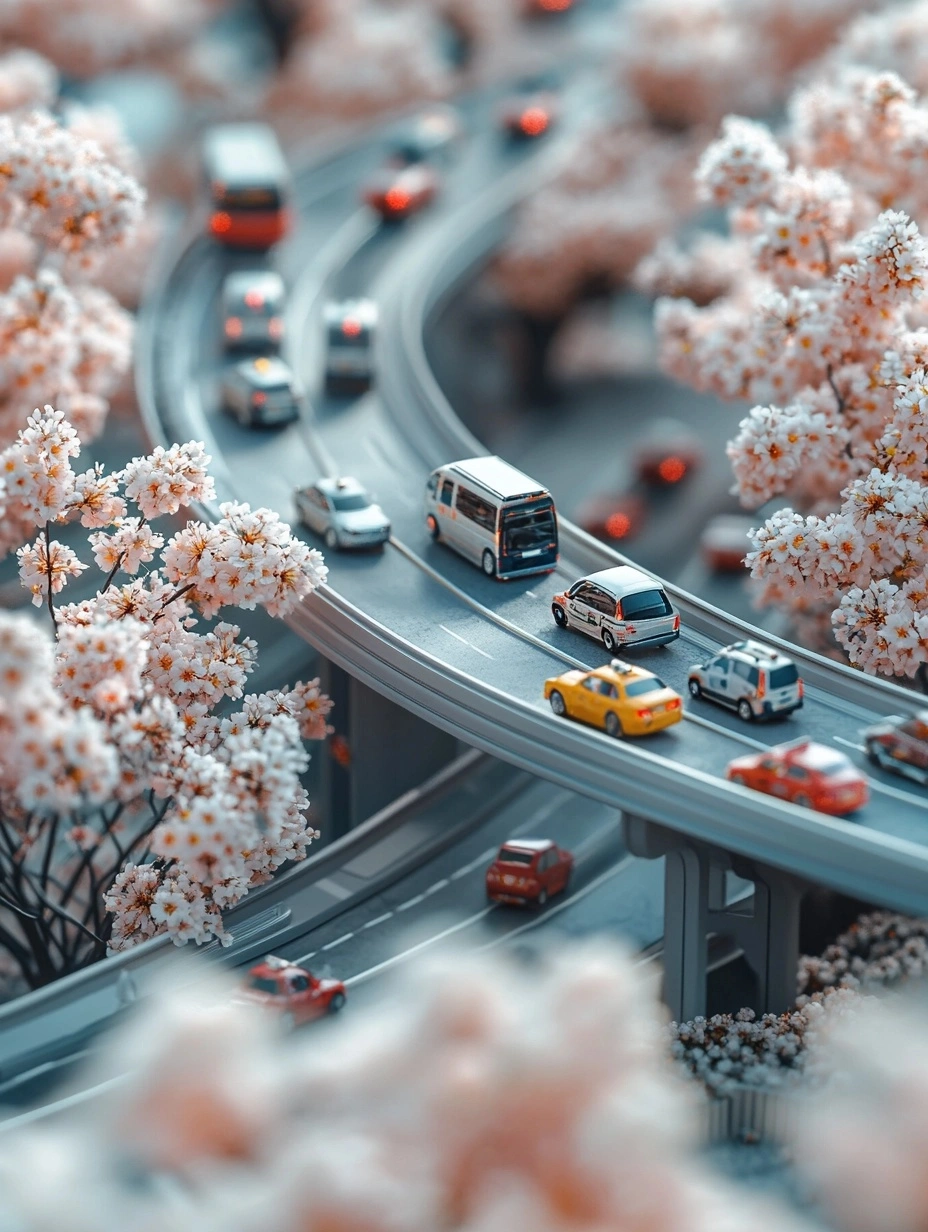 Miniature world, oblique photography, macro (photography), many vehicles on a city overpass, bird's-eye view, tilted composition, simple solid background, white and light green style, white and pink chVjerry blossom trees, high-definition details, Canon camera, 8k