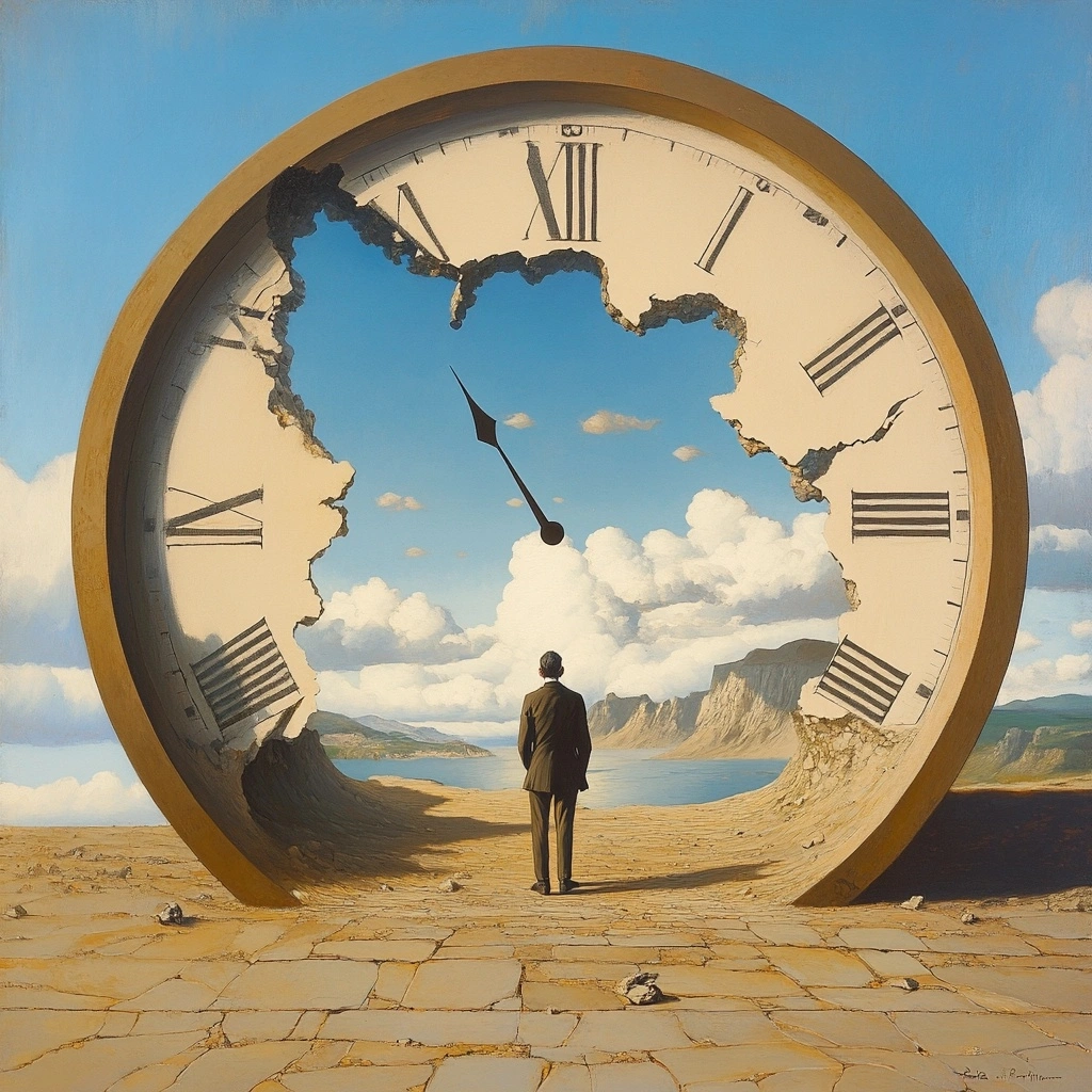 Persistence of memory, done in surrealism by Rene magritte. It should have a man standing in it.