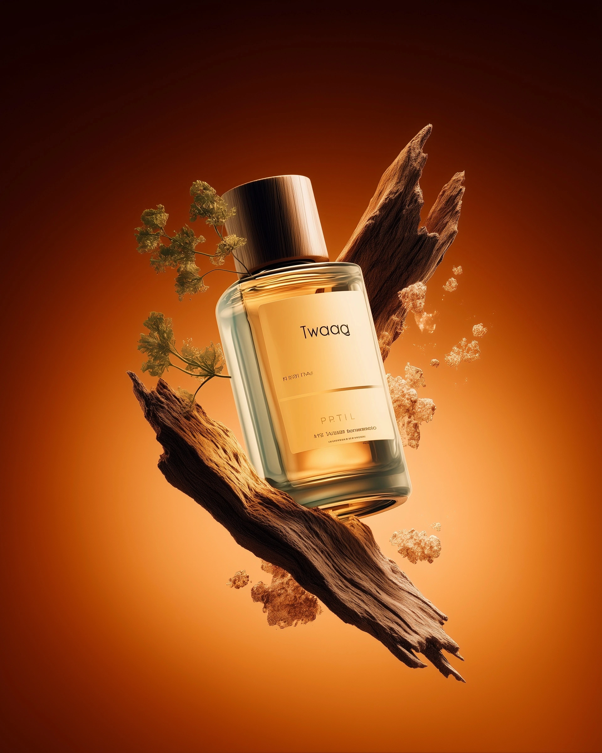 A bottle of perfume floating in the air, surrounded by wooden and earthy textures. The background is orange with the text "Twaaq". This is a commercial photography, studio lighting, product photography image in high resolution.